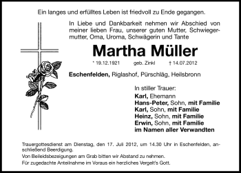 Traueranzeige von Martha Müller von Hersbrucker Zeitung